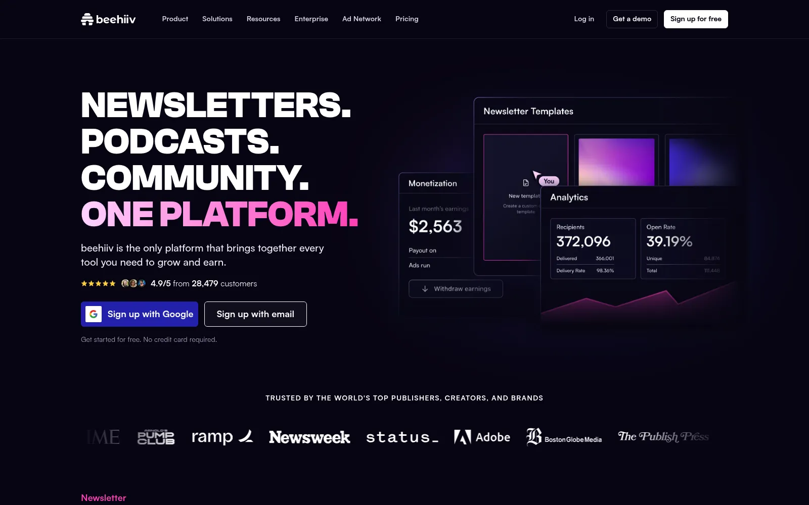Beehiiv homepage screenshot