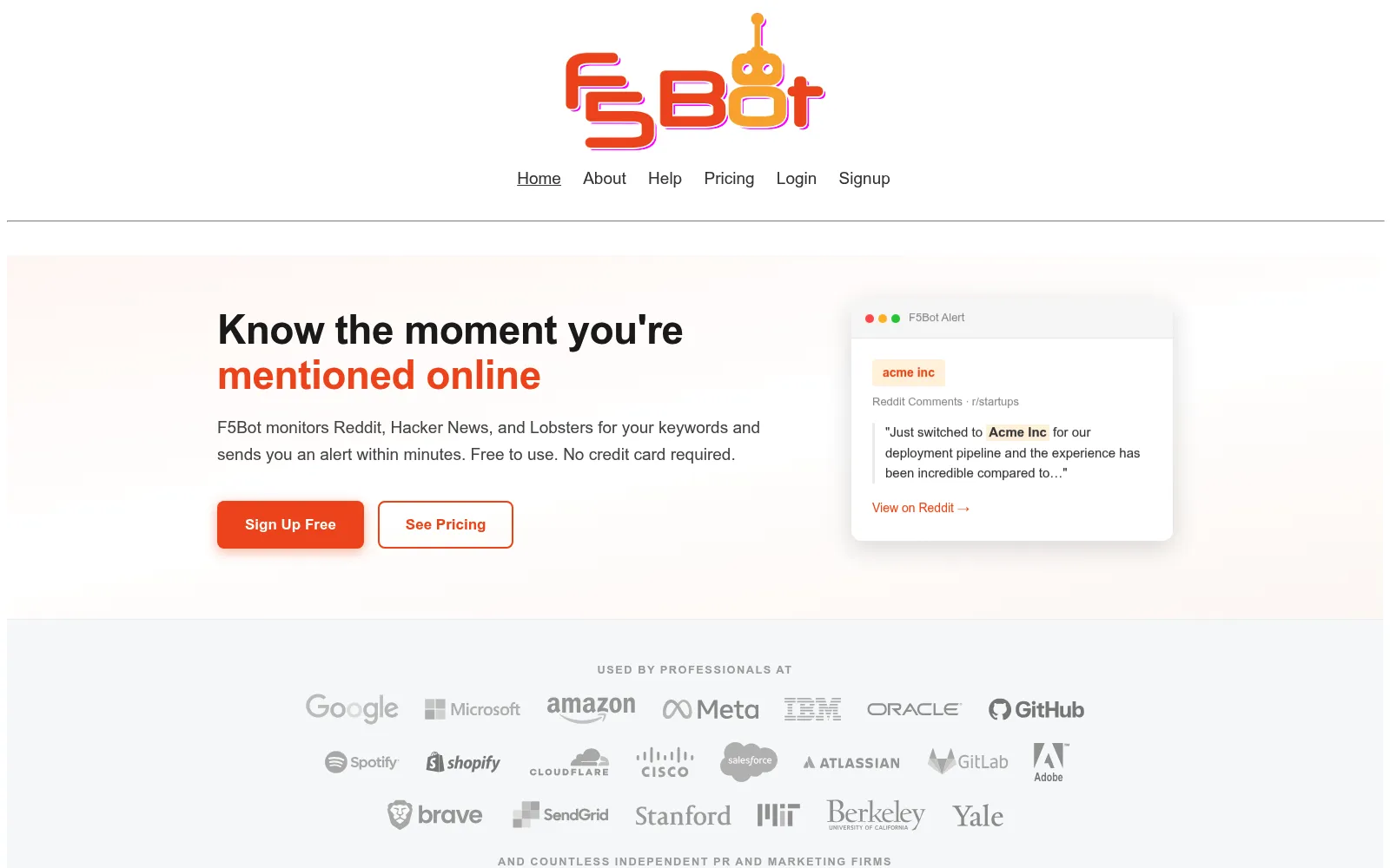 F5Bot homepage screenshot