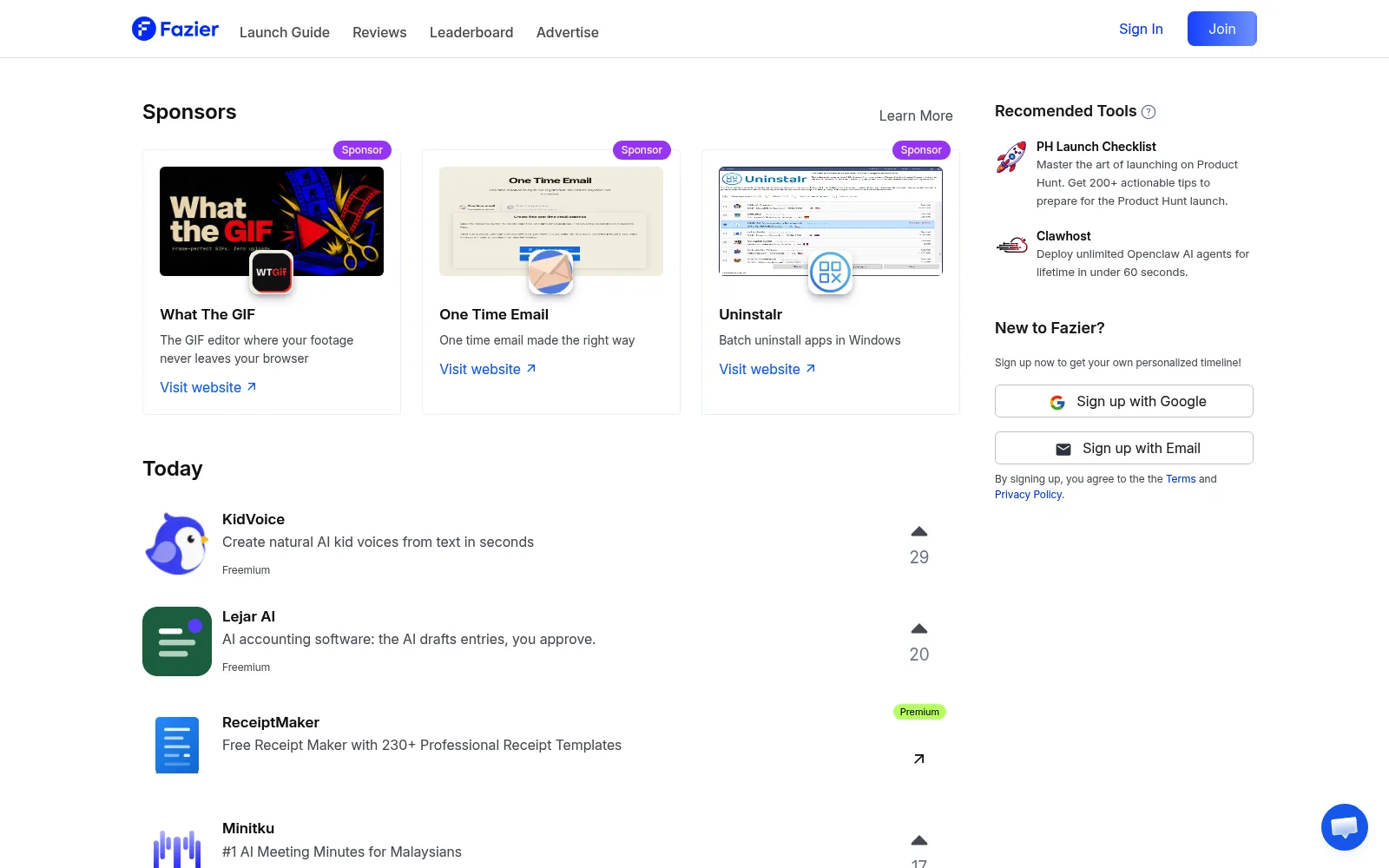 Fazier homepage screenshot