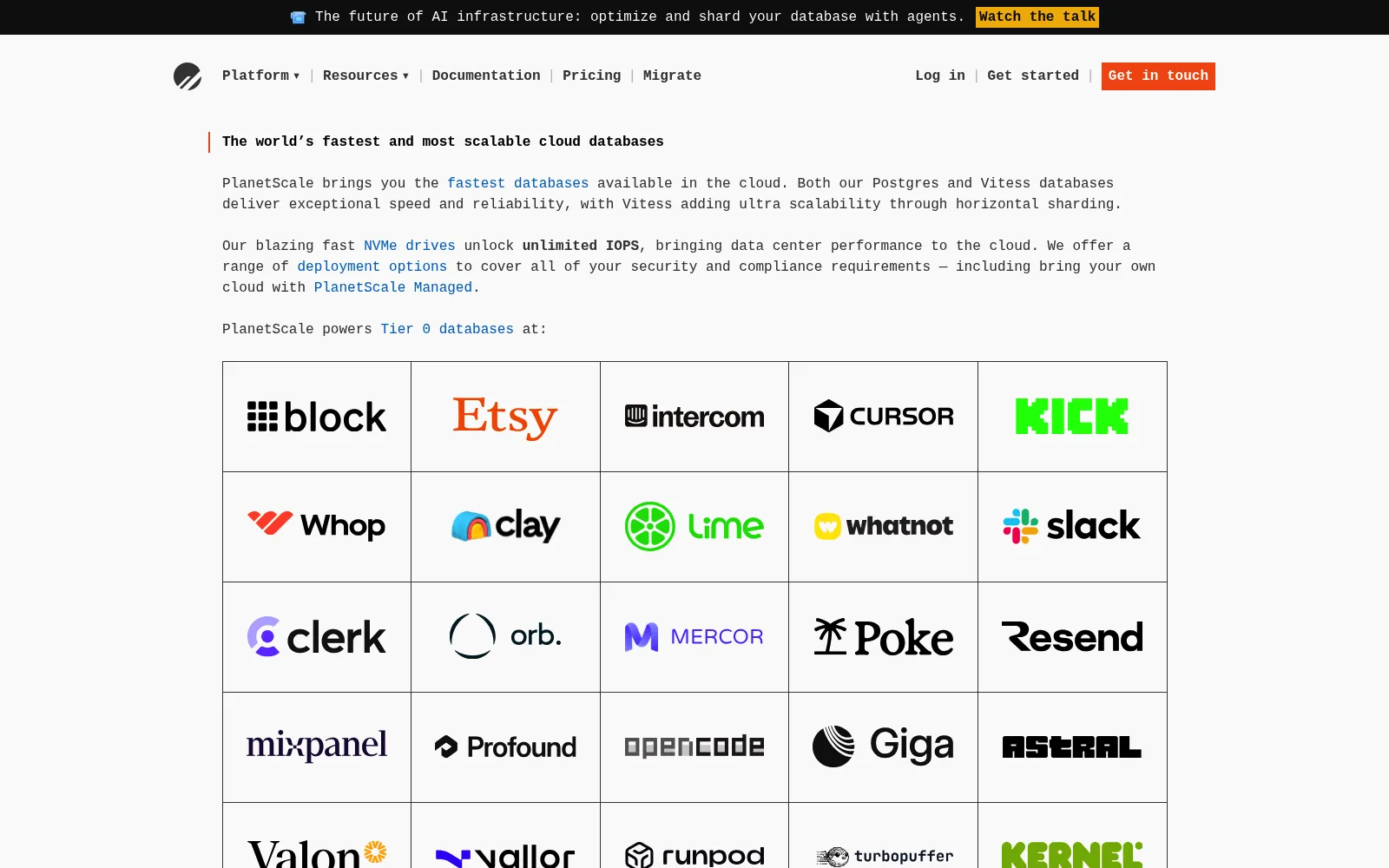 PlanetScale homepage screenshot