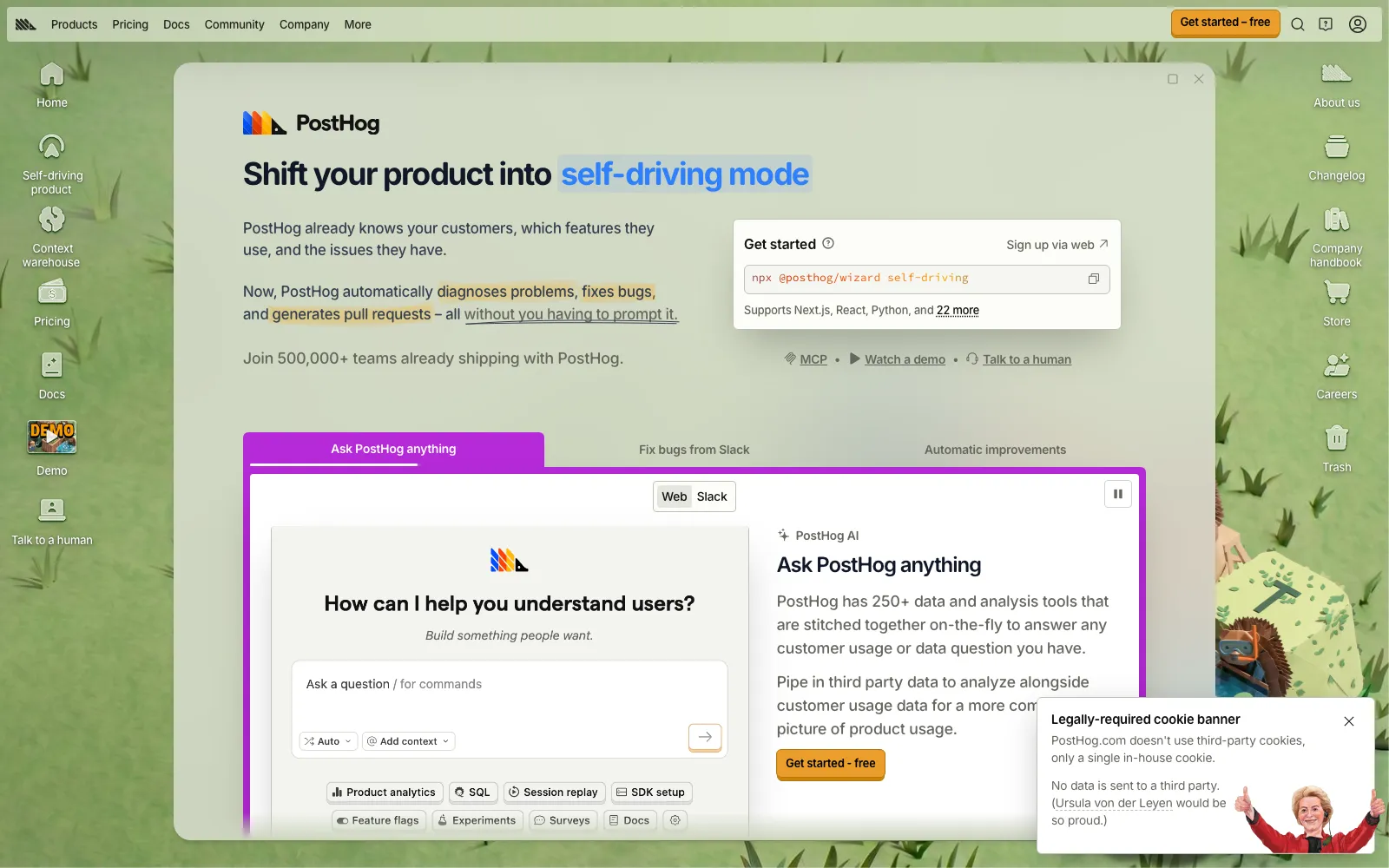PostHog homepage screenshot