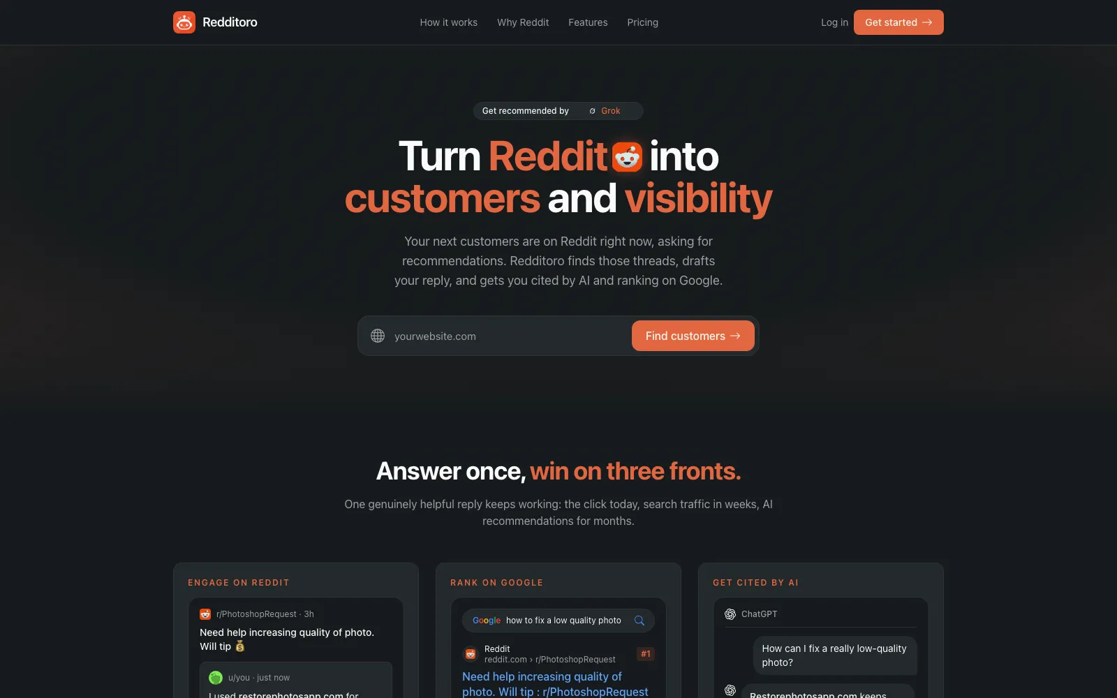 Redditoro homepage screenshot
