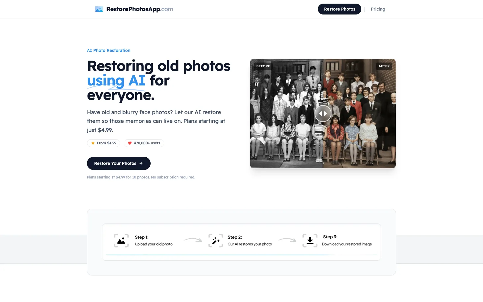 RestorePhotos homepage screenshot