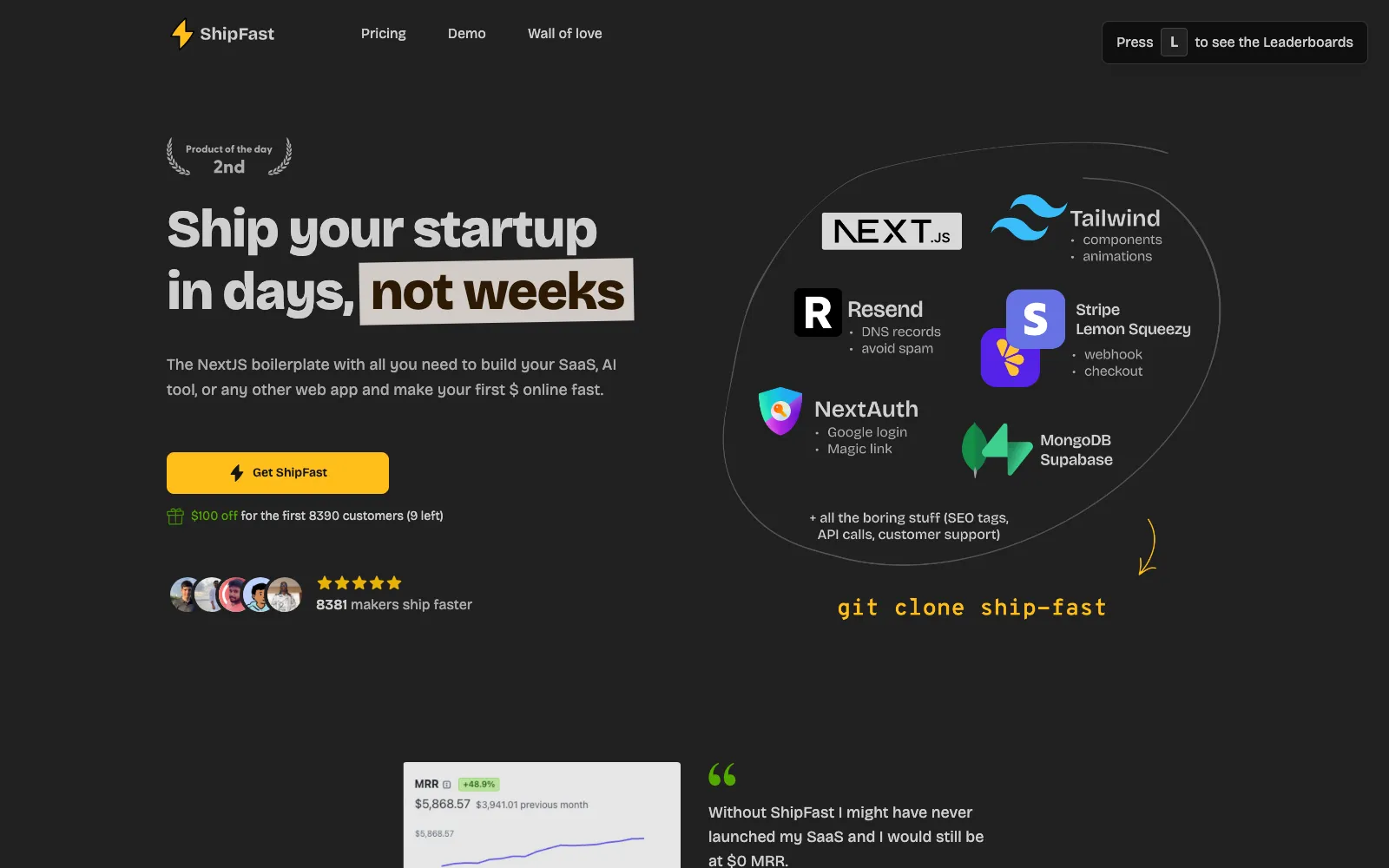 ShipFast homepage screenshot