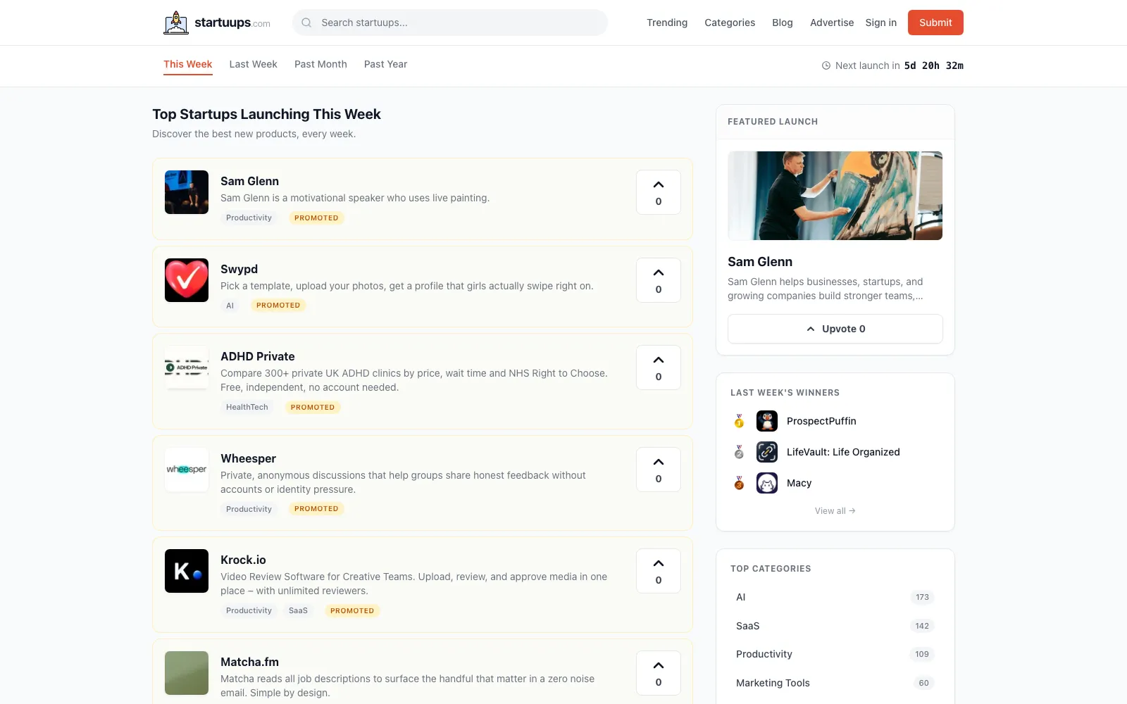 Startuups homepage screenshot