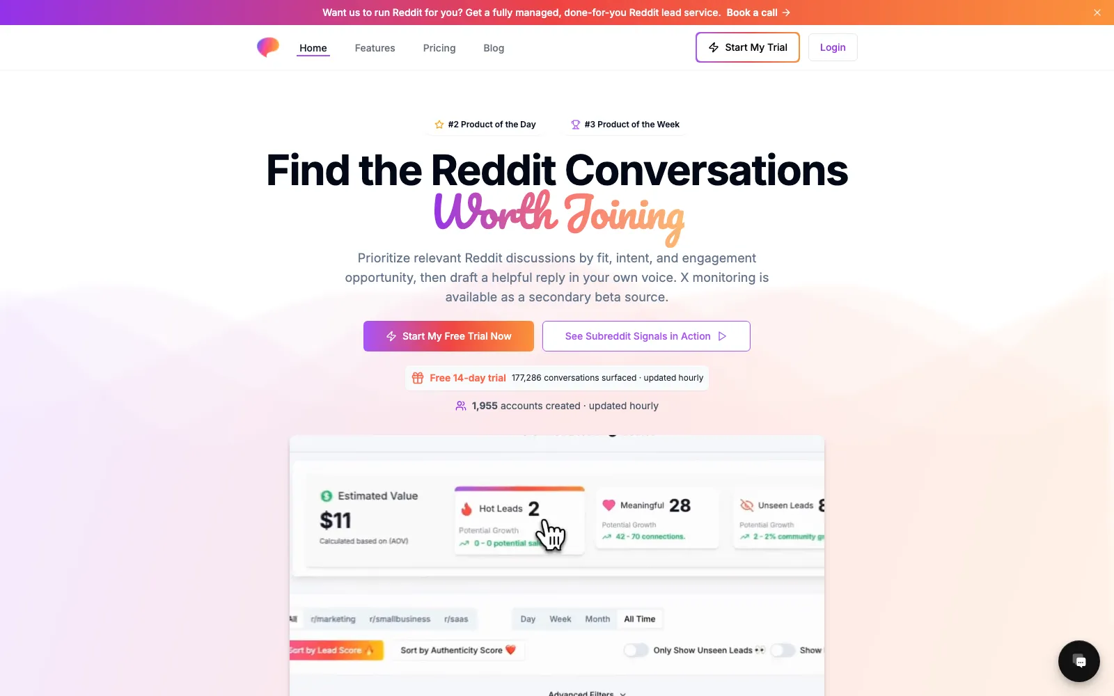 SubredditSignals homepage screenshot