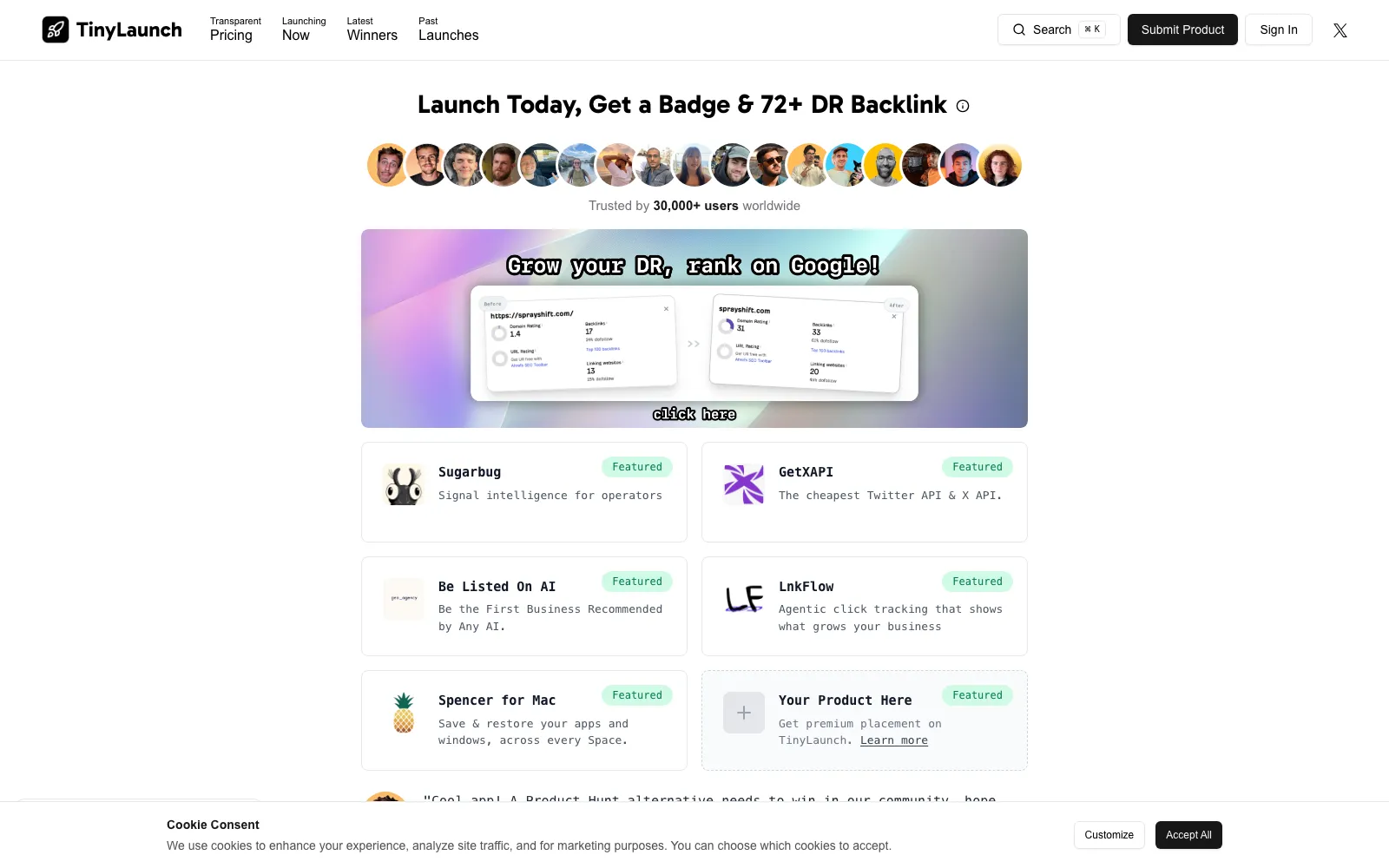 TinyLaunch homepage screenshot