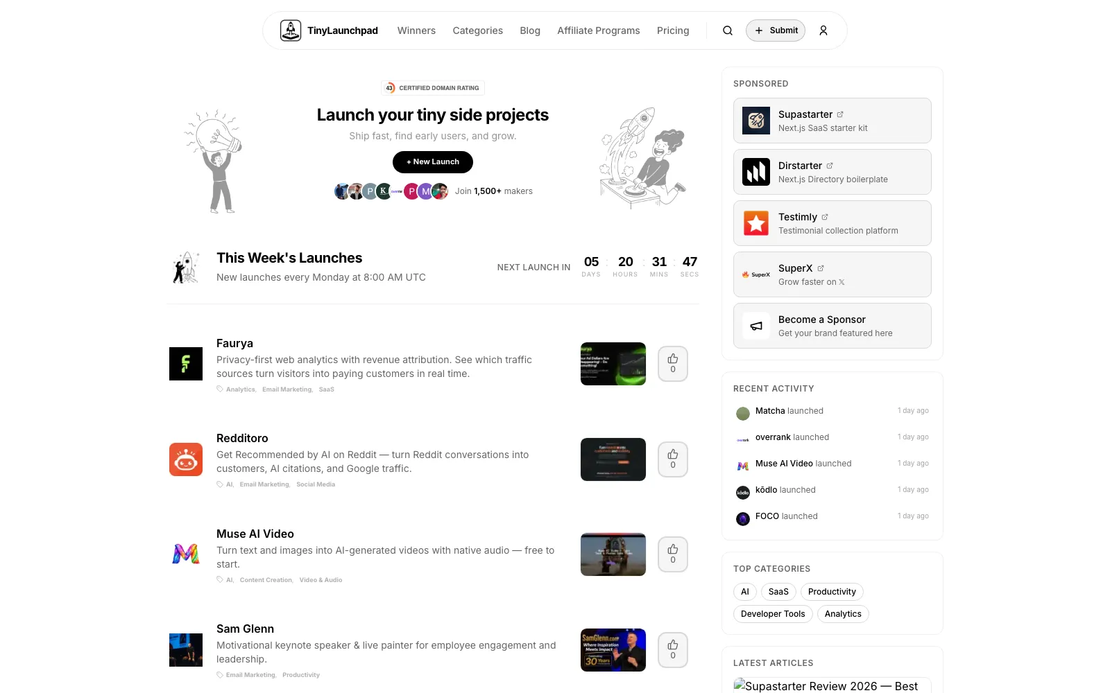TinyLaunchpad homepage screenshot
