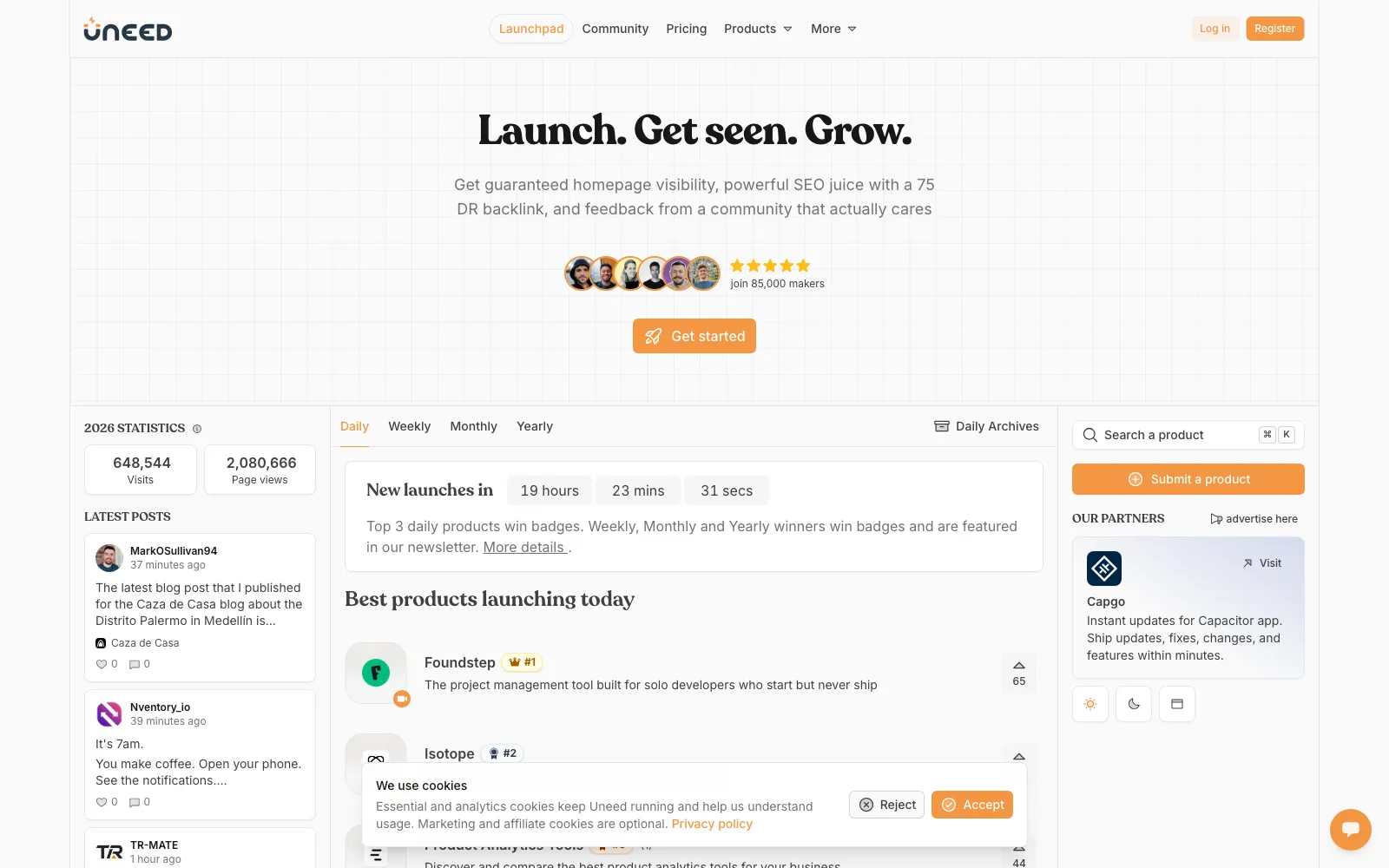 Uneed homepage screenshot